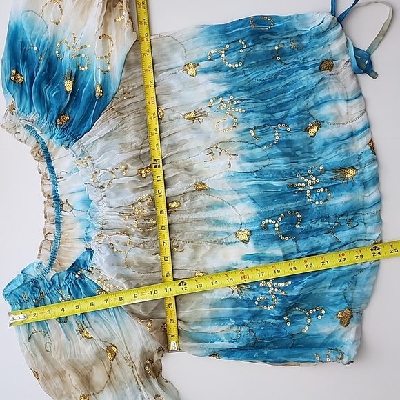 Nygard Blouse Off Shoulder Blue Tan White Gold Sequins Off Shoulder Peasant Sz L - Picture 5 of 13